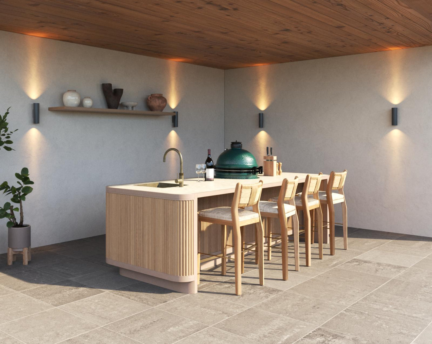 Rêveluxe Beige Oval Kookeiland met Dekton AVA en Patina Gouden Spoelbak